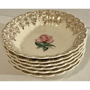 American Limoges La Fleur Rouge Pink Rose Bowls Set of 6 • 22K Gold Trim